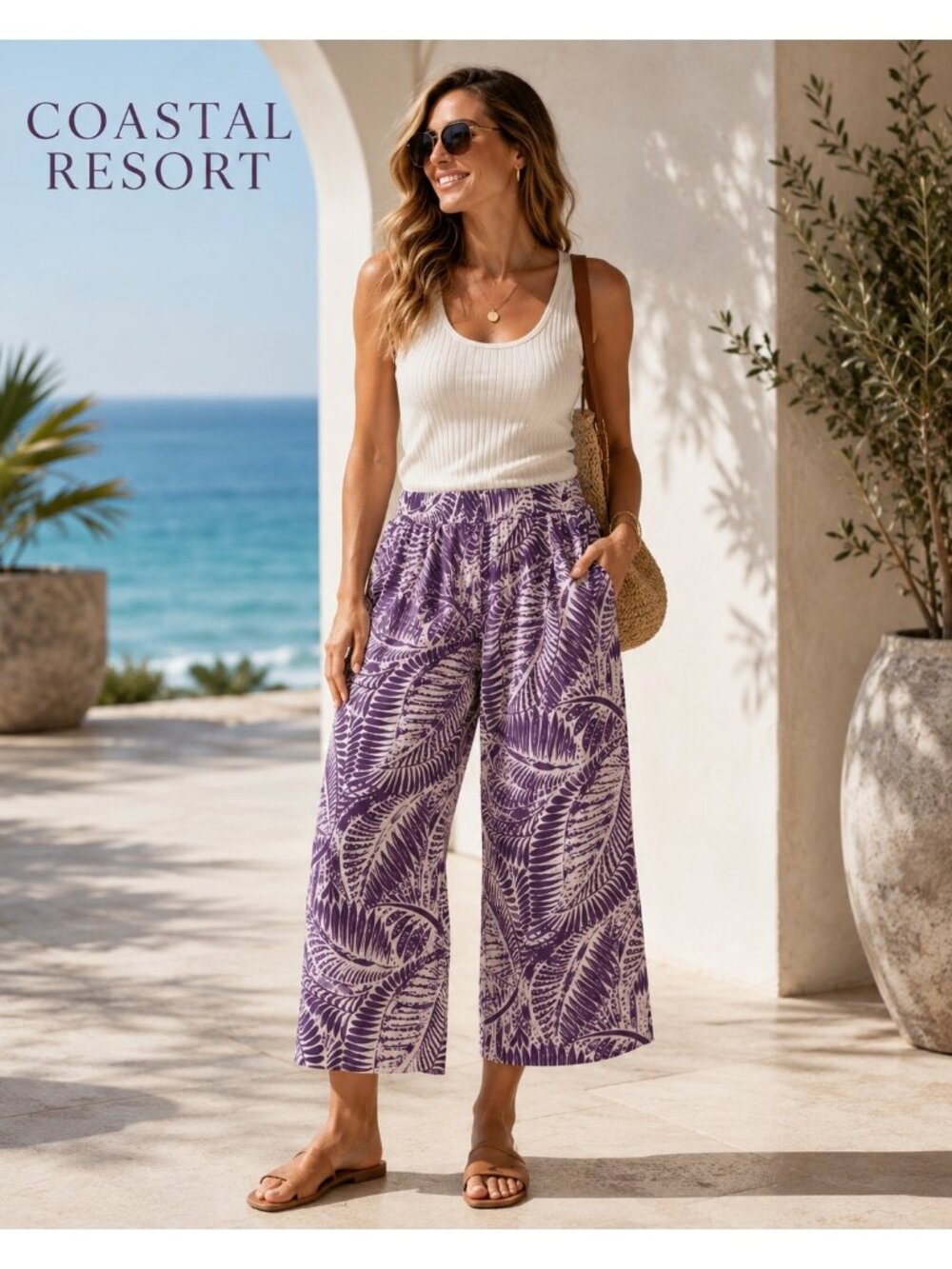 Coastal Resort Tahari 100% Linen Wide Leg Crop Pants Women’s Large Purple Tropic